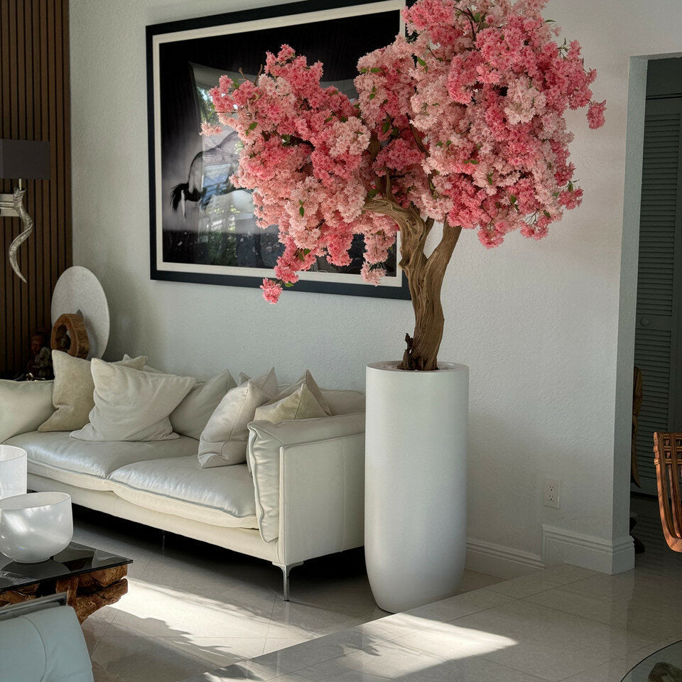 Matte White St. Tropez Vase with Personalized Pink Cherry Blossoms