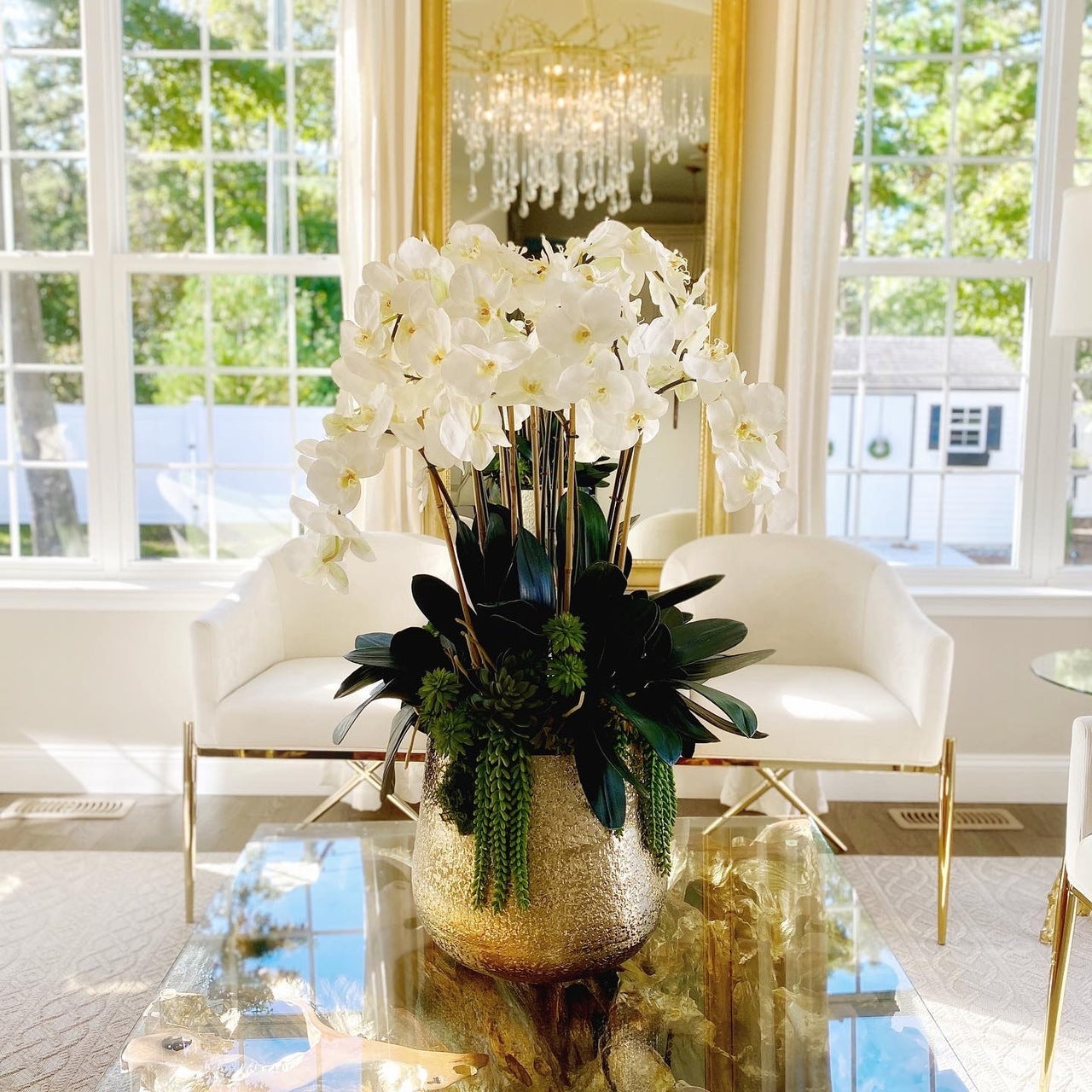Delaney Vase in Gold with Multiple Phalaenopsis Orchid Stems and Succulents