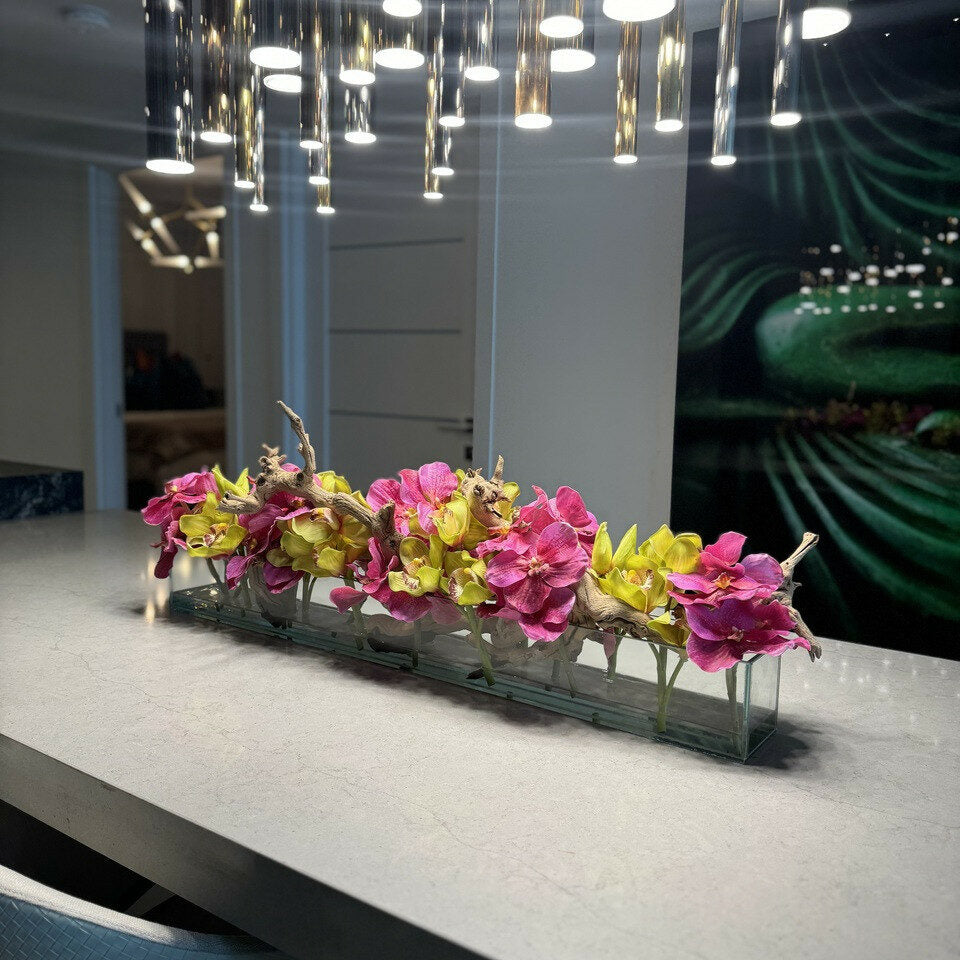 Modern House Glass Vase with Pink Vanda Orchids and Green Cymbidiums
