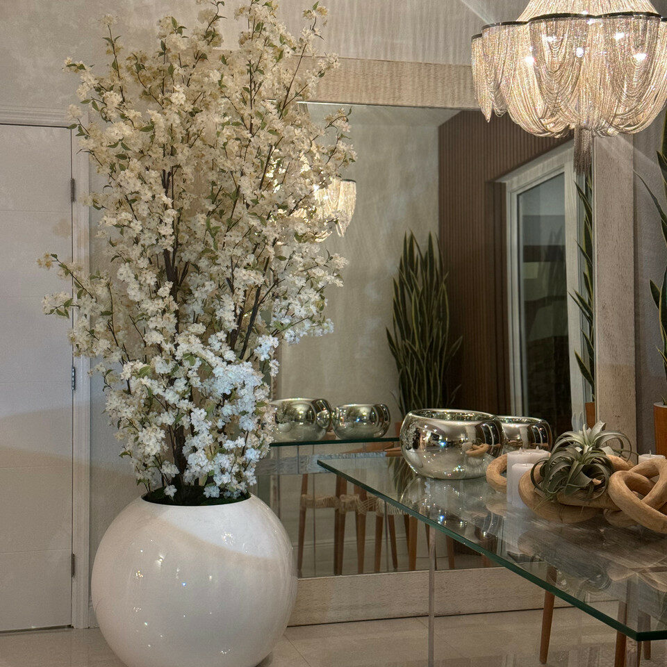 Glossy White Globe Vase with White Cherry Blossom Branches – 185 cm