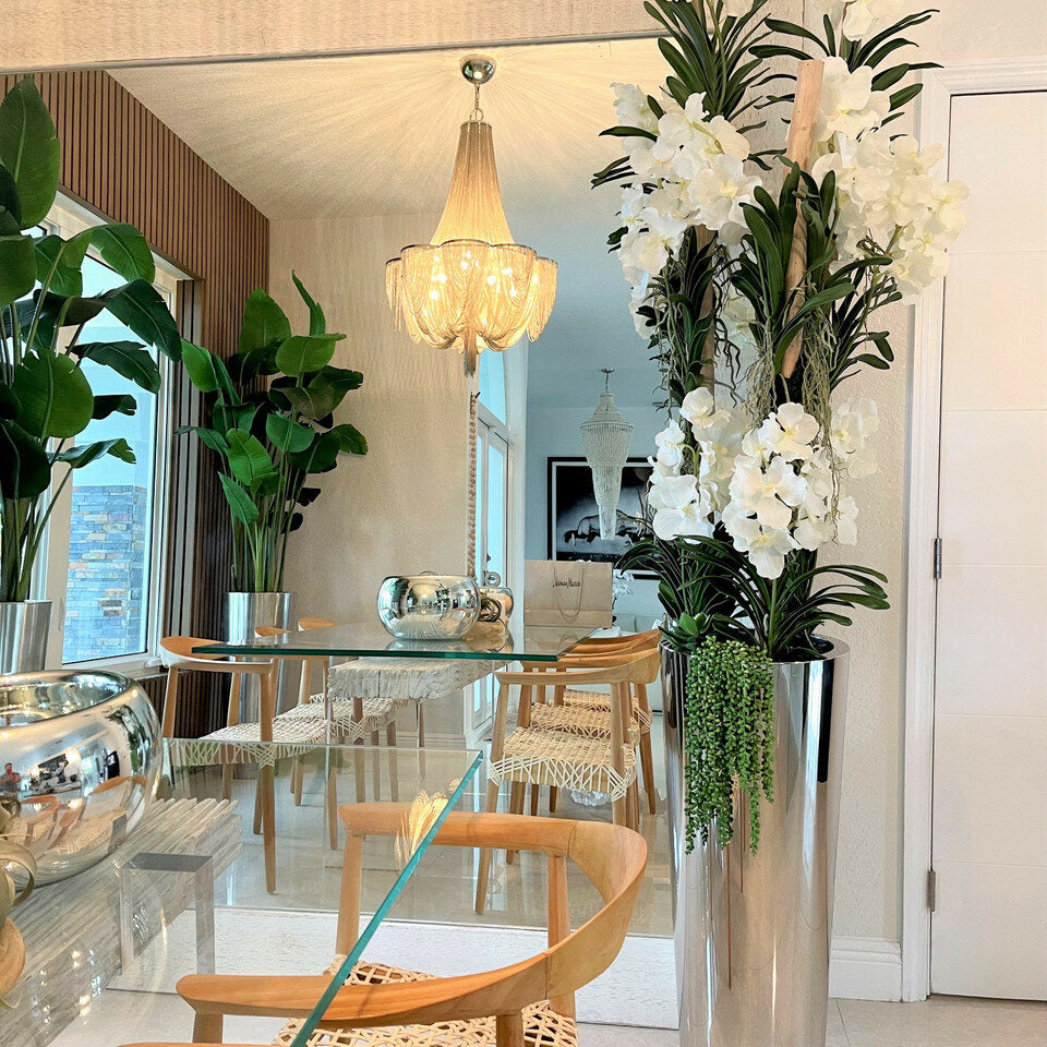 White Vandas in Stainless Steel Cone Planter