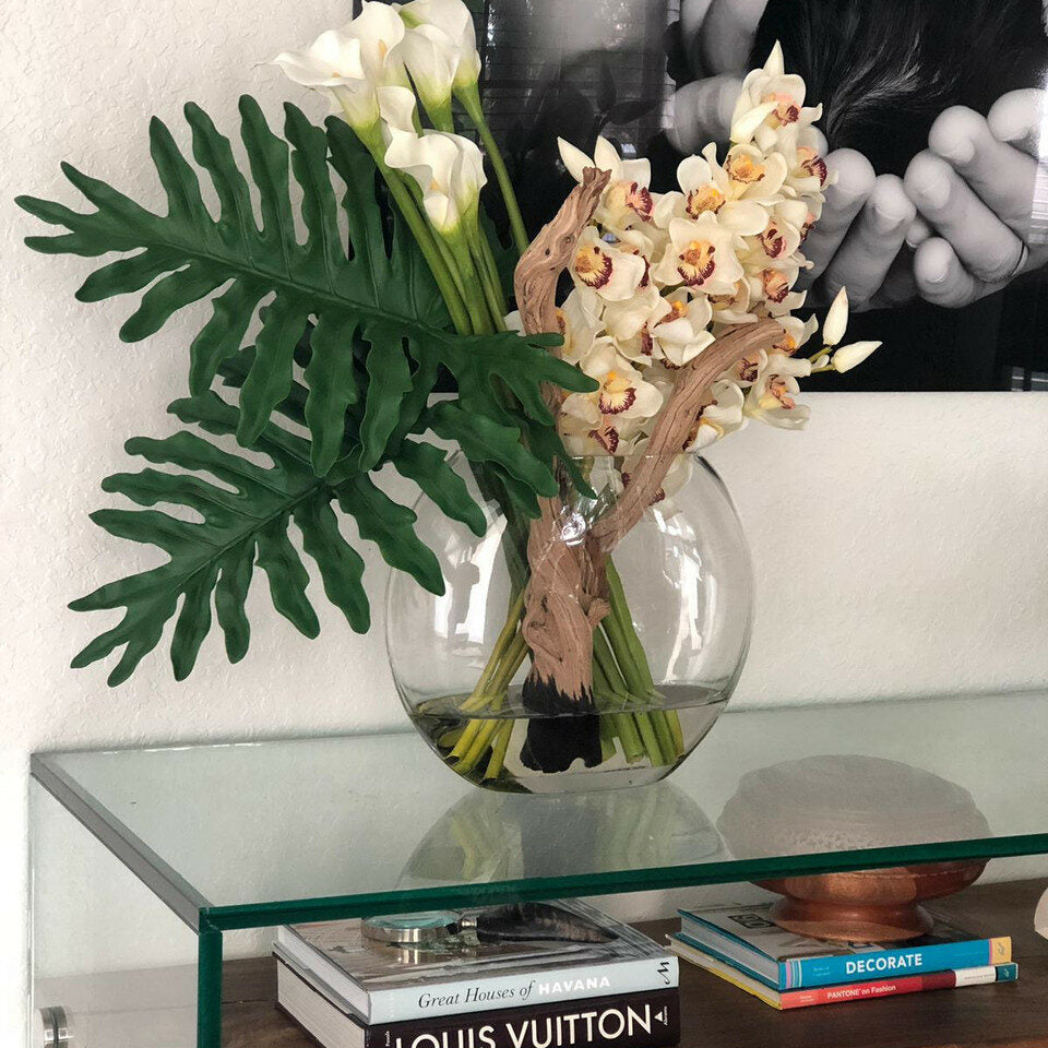 Lunar Vase with Cymbidium Orchids and Calla Lilies